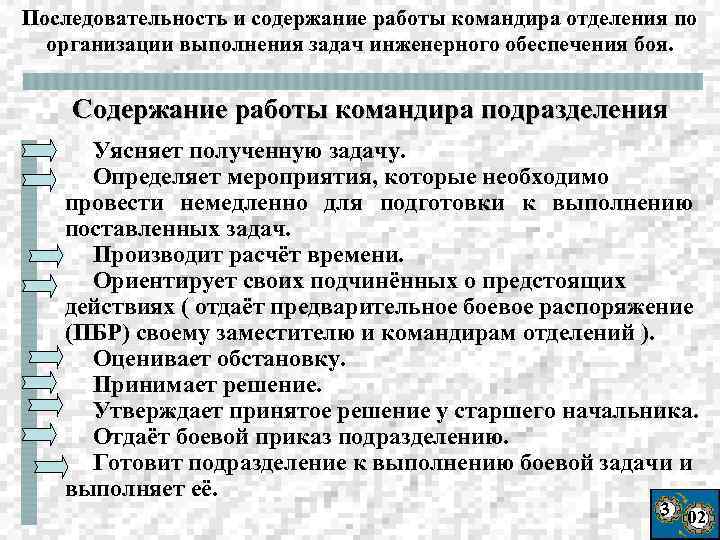 Последовательность и содержание работы командира отделения по организации выполнения задач инженерного обеспечения боя. Содержание
