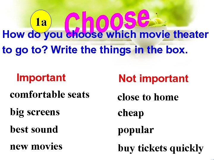 1 a How do you choose which movie theater to go to? Write things