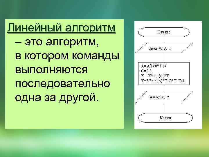 Линейный алгоритм – это алгоритм, в котором команды выполняются последовательно одна за другой. 