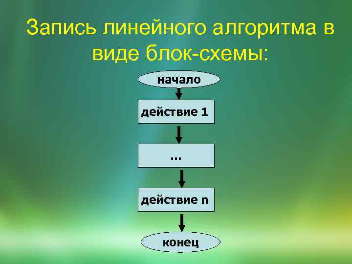 Запись линейного алгоритма в виде блок-схемы: начало действие 1 … действие n конец 