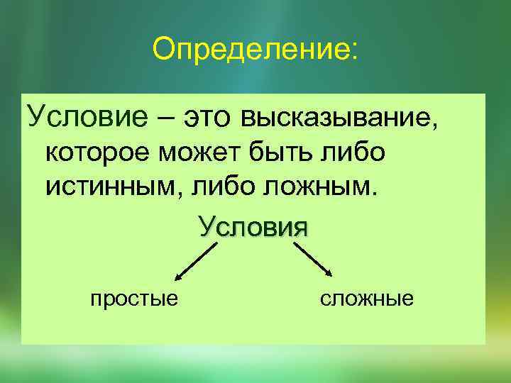 Определение: Условие – это высказывание, которое может быть либо истинным, либо ложным. Условия простые