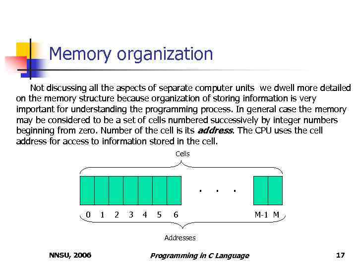 Memory organization Not discussing all the aspects of separate computer units we dwell more