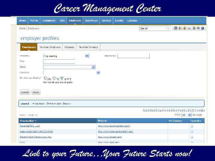 Career Management Center Link to your Future…Your Future Starts now! 