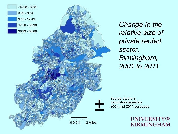 Change in the relative size of private rented sector, Birmingham, 2001 to 2011 Source: