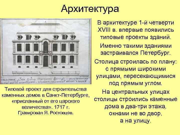 Архитектура В архитектуре 1 -й четверти XVIII в. впервые появились типовые проекты зданий. Именно