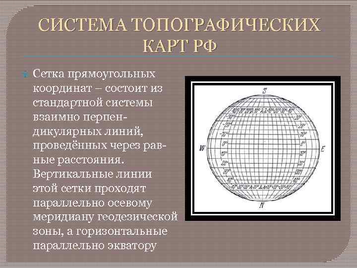 СИСТЕМА ТОПОГРАФИЧЕСКИХ КАРТ РФ Сетка прямоугольных координат – состоит из стандартной системы взаимно перпендикулярных