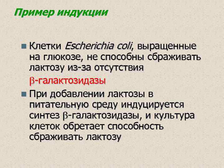 Пример индукции n Клетки Escherichia coli, выращенные на глюкозе, не способны сбраживать лактозу из-за