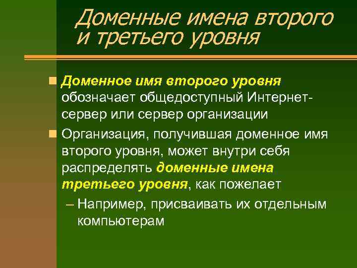 Доменные имена второго и третьего уровня n Доменное имя второго уровня обозначает общедоступный Интернетсервер