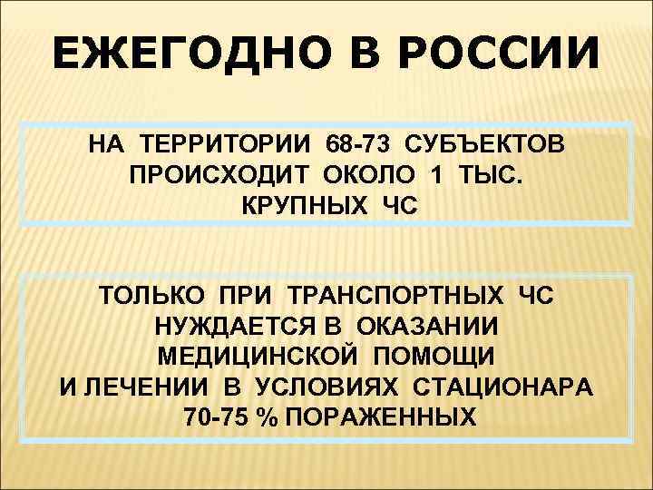 ЕЖЕГОДНО В РОССИИ НА ТЕРРИТОРИИ 68 -73 СУБЪЕКТОВ ПРОИСХОДИТ ОКОЛО 1 ТЫС. КРУПНЫХ ЧС