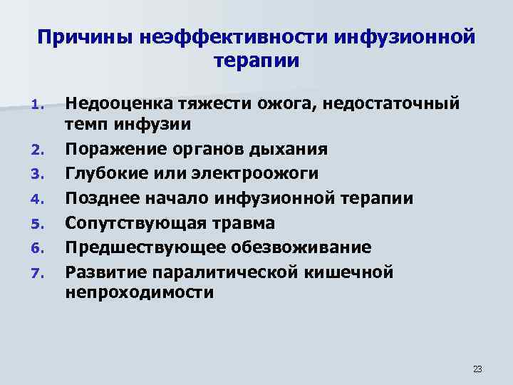 Причины неэффективности инфузионной терапии 1. 2. 3. 4. 5. 6. 7. Недооценка тяжести ожога,