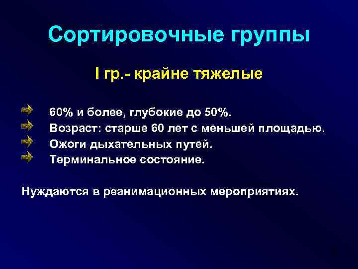 Сортировочные группы I гр. - крайне тяжелые 60% и более, глубокие до 50%. Возраст: