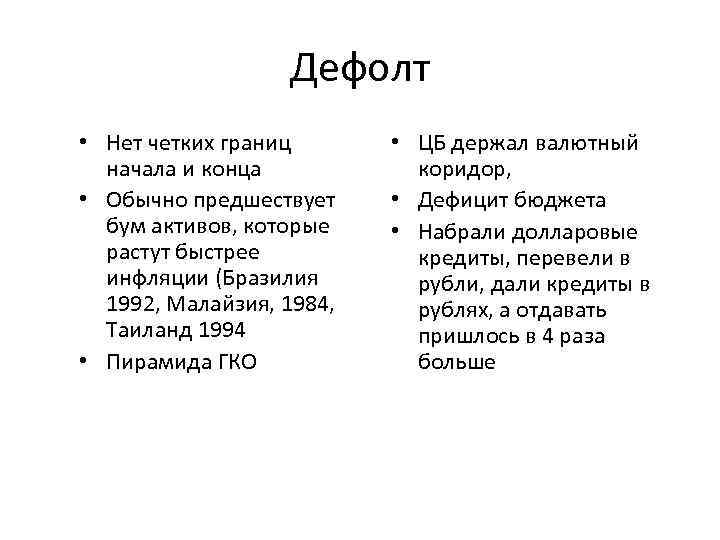 Дефолт • Нет четких границ начала и конца • Обычно предшествует бум активов, которые