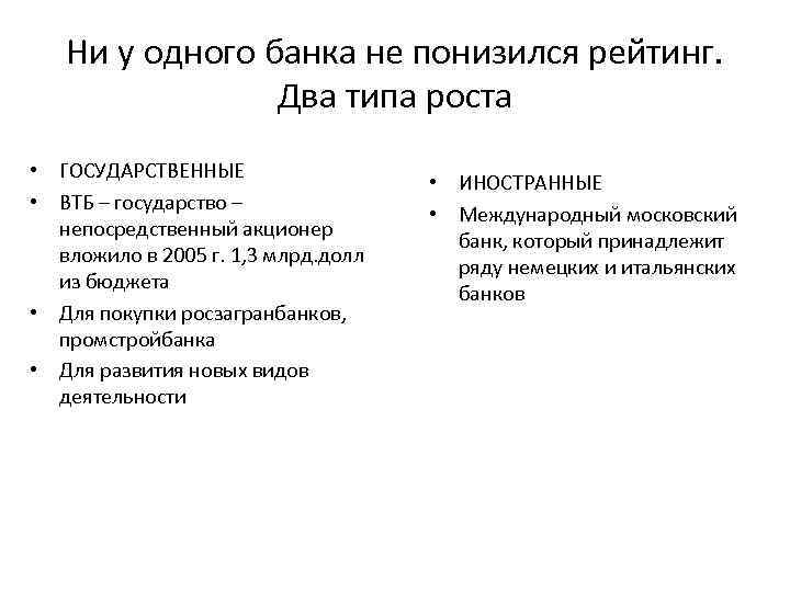 Ни у одного банка не понизился рейтинг. Два типа роста • ГОСУДАРСТВЕННЫЕ • ВТБ