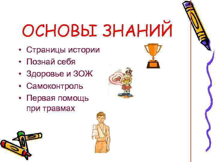 ОСНОВЫ ЗНАНИЙ • • • Страницы истории Познай себя Здоровье и ЗОЖ Самоконтроль Первая