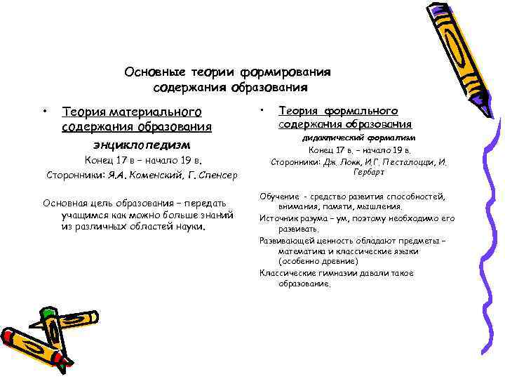 Формировании содержания образования. Теория материального содержания образования. Теория материального и формального образования. Теория формального содержания образования. Теория материального содержания образования плюсы и минусы.