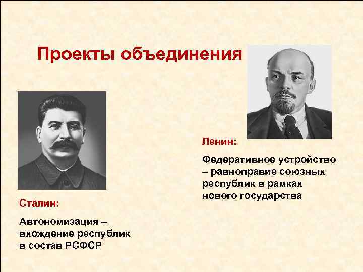 Проекты объединения Ленин: Сталин: Автономизация – вхождение республик в состав РСФСР Федеративное устройство –