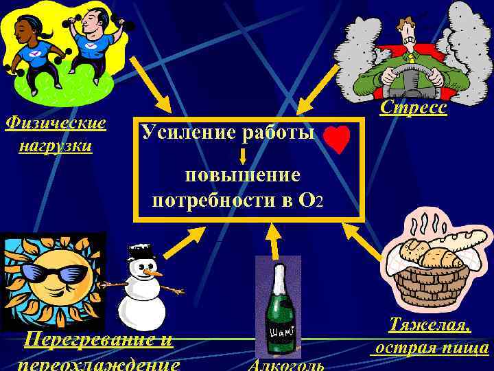 Физические нагрузки Стресс Усиление работы повышение потребности в О 2 Перегревание и Тяжелая, острая