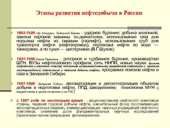Этапы развития нефтедобычи в России - ударное бурение; добыча желонкой, n 1863 -1920–п/о n