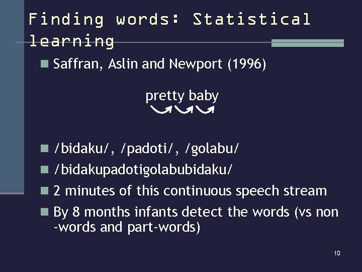 Finding words: Statistical learning n Saffran, Aslin and Newport (1996) pretty baby n /bidaku/,