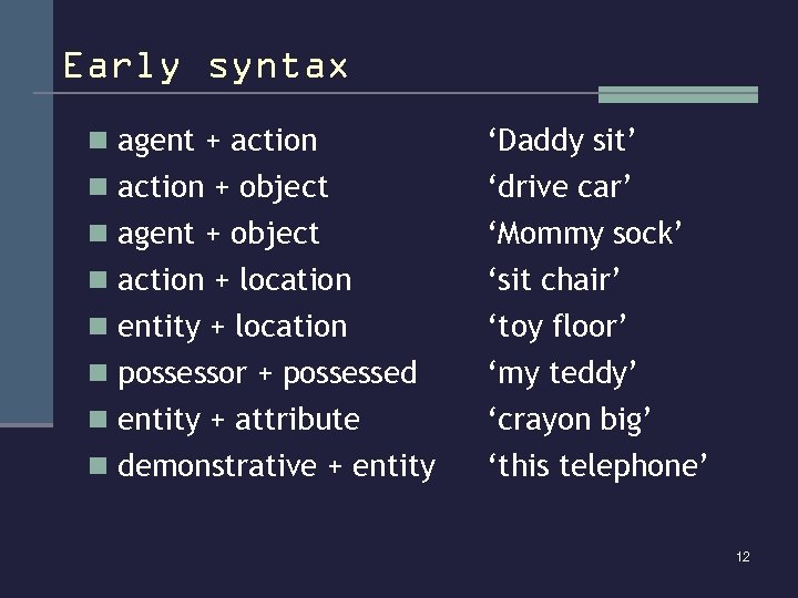 Early syntax n agent + action ‘Daddy sit’ n action + object ‘drive car’