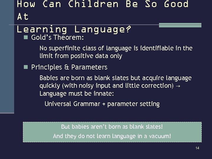 How Can Children Be So Good At Learning Language? n Gold’s Theorem: No superfinite