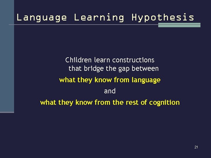 Language Learning Hypothesis Children learn constructions that bridge the gap between what they know
