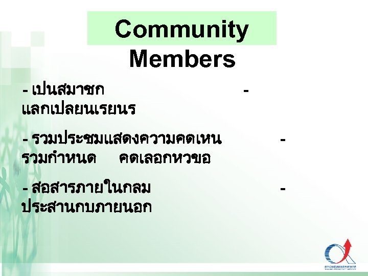 Community Members - เปนสมาชก แลกเปลยนเรยนร - - รวมประชมแสดงความคดเหน รวมกำหนด คดเลอกหวขอ - สอสารภายในกลม ประสานกบภายนอก -