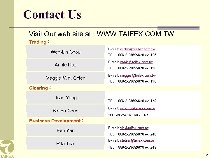 Contact Us Visit Our web site at : WWW. TAIFEX. COM. TW Trading： Wen-Lin