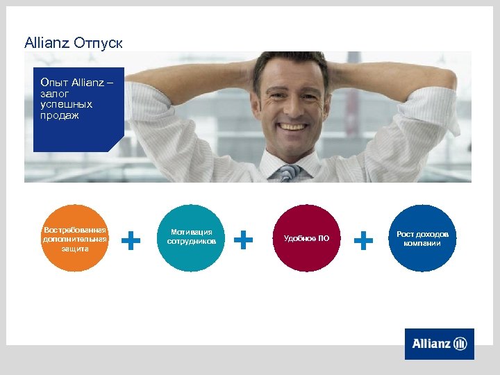 Allianz Отпуск Опыт Allianz – залог успешных продаж Востребованная дополнительная защита + Мотивация сотрудников