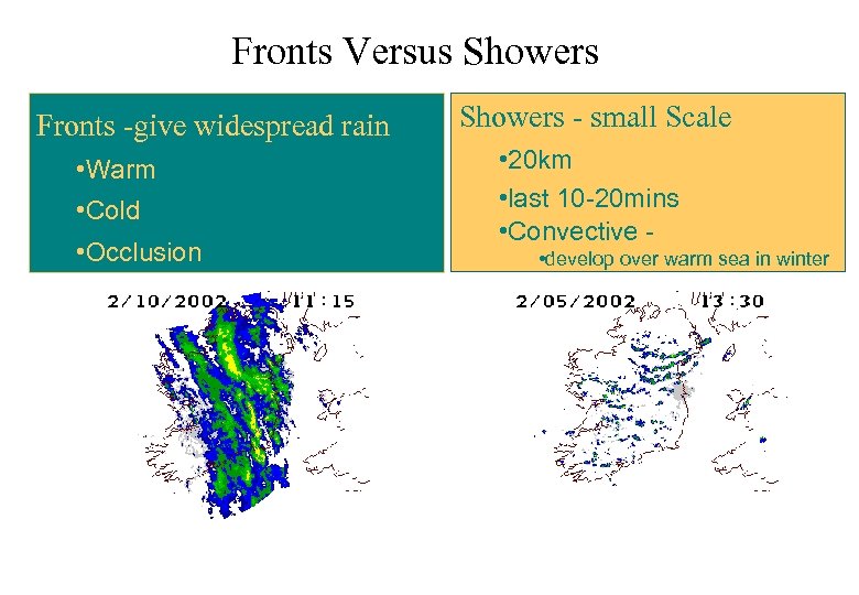Fronts Versus Showers Fronts -give widespread rain • Warm • Cold • Occlusion Showers