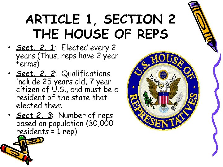 ARTICLE 1, SECTION 2 THE HOUSE OF REPS • Sect. 2, 1: Elected every