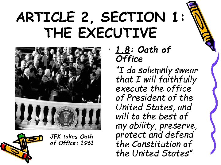 ARTICLE 2, SECTION 1: THE EXECUTIVE JFK takes Oath of Office: 1961 • 1,