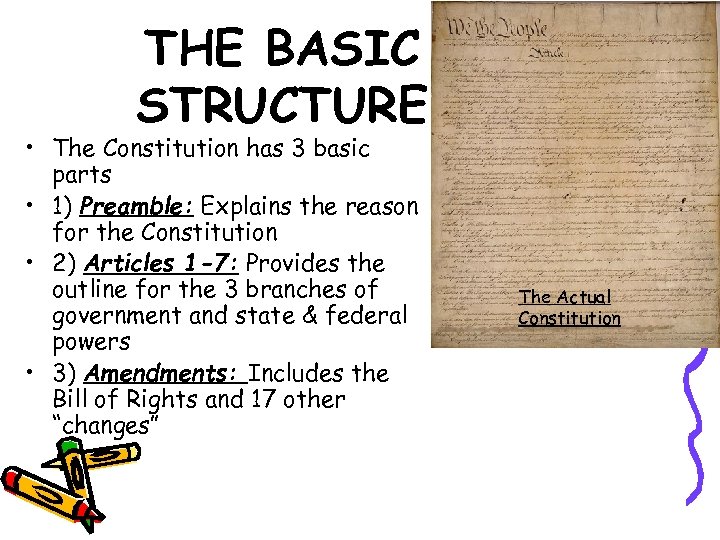 THE BASIC STRUCTURE • The Constitution has 3 basic parts • 1) Preamble: Explains