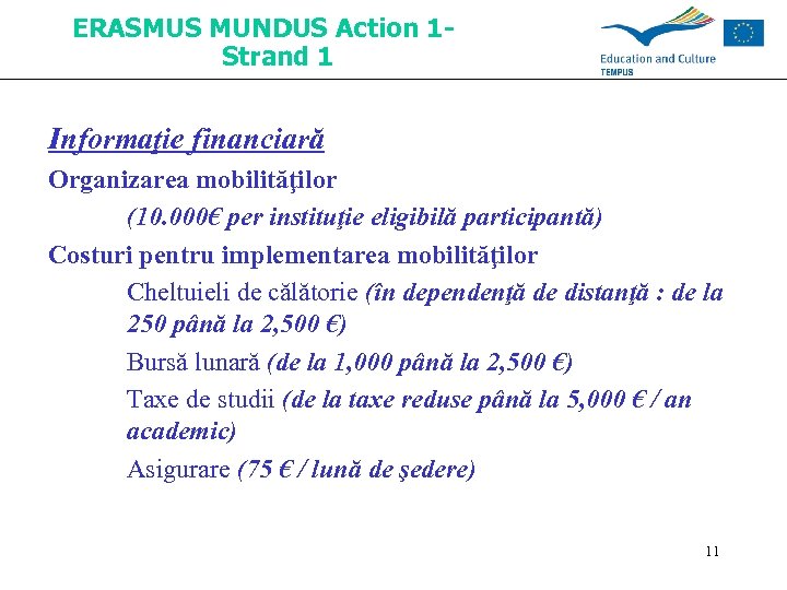 ERASMUS MUNDUS Action 1 Strand 1 Informaţie financiară Organizarea mobilităţilor (10. 000€ per instituţie