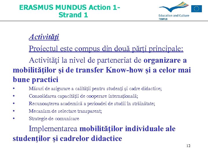 ERASMUS MUNDUS Action 1 Strand 1 Activităţi Proiectul este compus din două părţi principale: