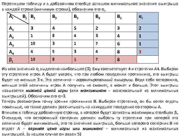 Перепишем таблицу и в добавочном столбце запишем минимальное значение выигрыша в каждой строке (минимум
