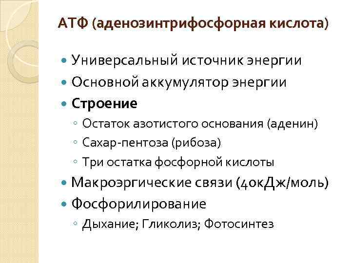 АТФ (аденозинтрифосфорная кислота) Универсальный источник энергии Основной аккумулятор энергии Строение ◦ Остаток азотистого основания