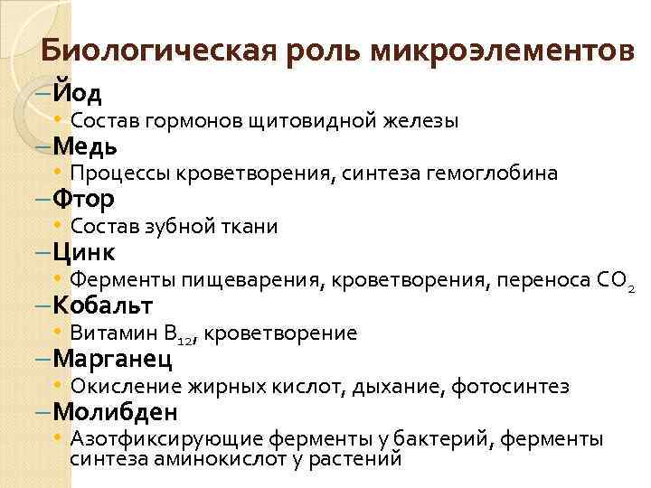 Биологическая роль микроэлементов – Йод • Состав гормонов щитовидной железы – Медь • Процессы