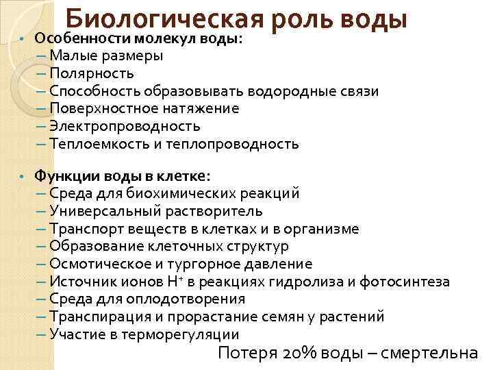  • • Биологическая роль воды Особенности молекул воды: – Малые размеры – Полярность