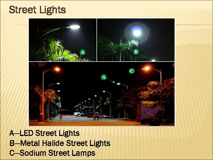 Street Lights A—LED Street Lights B—Metal Halide Street Lights C—Sodium Street Lamps 