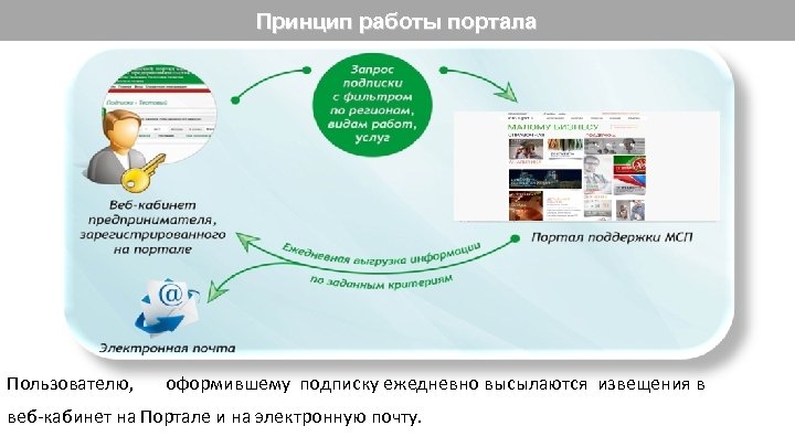 Принцип работы портала Пользователю, оформившему подписку ежедневно высылаются извещения в веб-кабинет на Портале и