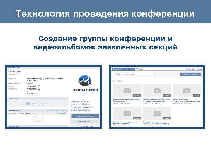 Технология проведения конференции Создание группы конференции и видеоальбомов заявленных секций 