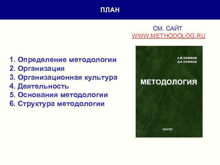 ПЛАН СМ. САЙТ WWW. METHODOLOG. RU 1. Определение методологии 2. Организация 3. Организационная культура