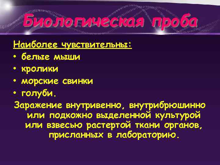 Биологическая проба Наиболее чувствительны: • белые мыши • кролики • морские свинки • голуби.