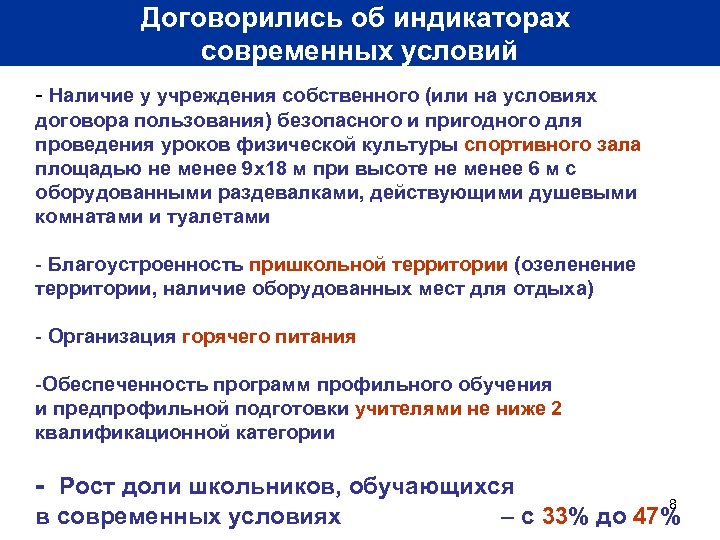 Договорились об индикаторах современных условий - Наличие у учреждения собственного (или на условиях договора