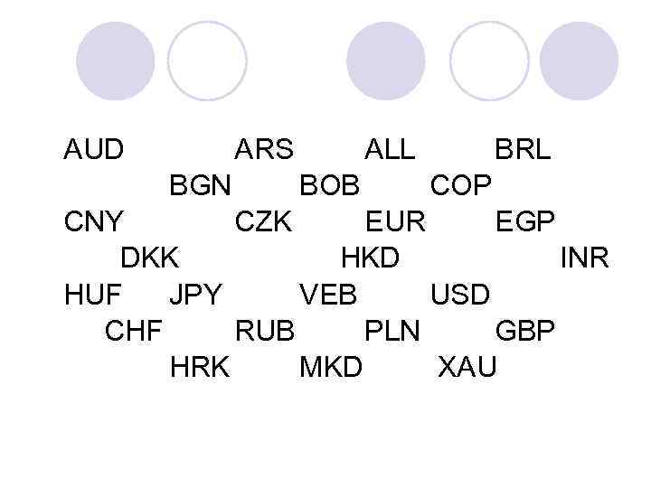 AUD ARS BGN ALL BOB BRL COP CNY CZK EUR EGP DKK HKD INR