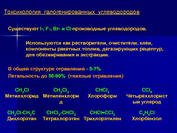 Токсикология галогенированных углеводородов Существуют I , F , Br и Cl производные углеводородов. Используются