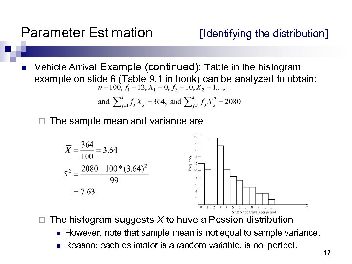 Parameter Estimation n [Identifying the distribution] Vehicle Arrival Example (continued): Table in the histogram