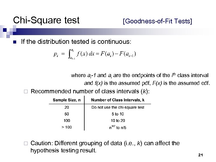 Chi-Square test n [Goodness-of-Fit Tests] If the distribution tested is continuous: where ai-1 and