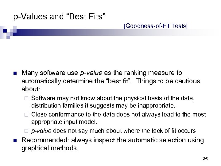 p-Values and “Best Fits” [Goodness-of-Fit Tests] n Many software use p-value as the ranking